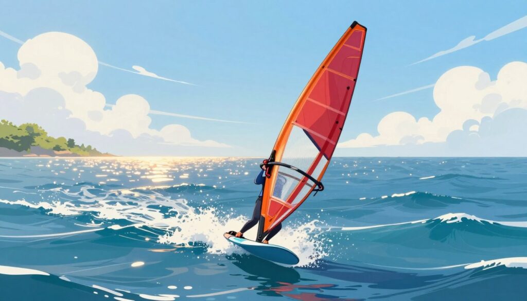 A dynamic scene of windsurfing, set on a tranquil blue ocean under a bright blue sky with wispy white clouds. In the foreground, a sleek windsurfer with a vivid sail is skillfully maneuvering on the water, embodying the fluidity and flow of coding. The middle ground features gentle waves sparkling under the sunlight, while a distant shoreline with green trees adds depth. The mood is invigorating and inspiring, symbolizing the innovative spirit of Vibe Coding. The lighting is warm and natural, casting soft reflections on the water’s surface. The perspective is slightly elevated, capturing the windsurfer's graceful movements, portraying the seamless integration of AI in multi-step coding processes without any distractions or text.