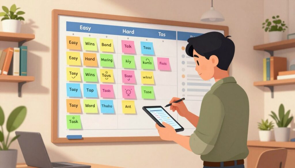 A dynamic workspace scene depicting a task management board filled with colorful sticky notes representing various homework tasks. In the foreground, a focused professional in smart casual attire is cross-referencing a checklist on a tablet, showcasing determination and clarity. The middle ground features a large wall-mounted board organized into categories of easy and hard tasks, with the easy wins highlighted in bright colors. Soft, warm lighting illuminates the space, creating a cozy yet productive atmosphere. In the background, shelves filled with books and plants add a touch of inspiration. The perspective is slightly angled to enhance depth, inviting viewers into the vibrant world of task management and highlighting the theme of building momentum through achieving easy wins. A dynamic workspace scene depicting a task management board filled with colorful sticky notes representing various homework tasks. In the foreground, a focused professional in smart casual attire is cross-referencing a checklist on a tablet, showcasing determination and clarity. The middle ground features a large wall-mounted board organized into categories of easy and hard tasks, with the easy wins highlighted in bright colors. Soft, warm lighting illuminates the space, creating a cozy yet productive atmosphere. In the background, shelves filled with books and plants add a touch of inspiration. The perspective is slightly angled to enhance depth, inviting viewers into the vibrant world of task management and highlighting the theme of building momentum through achieving easy wins.