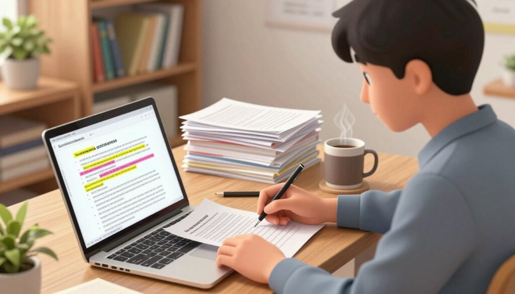 A focused student, dressed in smart casual attire, is sitting at a wooden desk with a laptop open, reviewing feedback on a recent assignment. In the foreground, the screen displays highlighted text and notes from an instructor, with vibrant colors emphasizing key suggestions. In the middle ground, a stack of graded papers is neatly arranged alongside a steaming coffee mug, symbolizing diligence and hard work. The background features a bookshelf filled with educational materials and a potted plant, adding life to the academic setting. Soft, warm lighting illuminates the room, creating an inviting atmosphere that inspires motivation and growth. The overall mood conveys a sense of purpose and determination to improve, embodying the essence of constructive feedback.