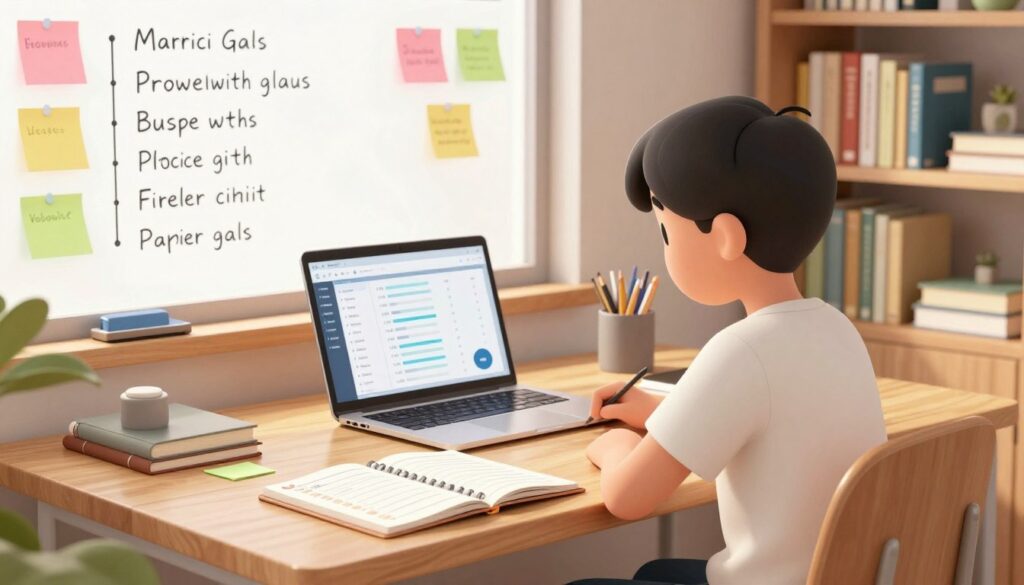 A focused student sitting at a modern wooden desk in a well-lit study room, surrounded by colorful sticky notes and a whiteboard filled with academic goals and timelines. In the foreground, a neatly organized planner is open, displaying written goals and deadlines. The middle ground features a large laptop with an open dashboard interface, highlighting assignments and progress tracking metrics, illuminated by soft natural light from a nearby window. In the background, shelves are filled with books on educational theory and productivity, enhancing the scholarly atmosphere. The room is designed for focus, with a warm color palette and minimal distractions, evoking a sense of motivation and clarity. A focused student sitting at a modern wooden desk in a well-lit study room, surrounded by colorful sticky notes and a whiteboard filled with academic goals and timelines. In the foreground, a neatly organized planner is open, displaying written goals and deadlines. The middle ground features a large laptop with an open dashboard interface, highlighting assignments and progress tracking metrics, illuminated by soft natural light from a nearby window. In the background, shelves are filled with books on educational theory and productivity, enhancing the scholarly atmosphere. The room is designed for focus, with a warm color palette and minimal distractions, evoking a sense of motivation and clarity.