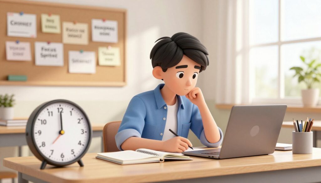 A focused student sitting at a neatly organized desk in a well-lit study room, surrounded by study materials like notebooks and a laptop. The student, depicted in smart casual attire, appears deeply engaged, with a look of concentration on their face. In the foreground, a large timer is visible, set to a short duration, emphasizing the urgency of the focus sprint. In the middle ground, motivational quotes pinned on a bulletin board inspire productivity. In the background, soft natural light filters through a window, illuminating the space and creating a serene atmosphere for focused work. The overall mood is one of determination and clarity, perfect for illustrating the concept of a focus sprint.