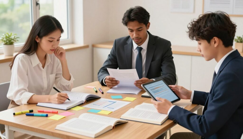 A focused study space featuring a diverse group of three professional individuals engaged in text analysis. In the foreground, a light wooden table scattered with open books, color-coded sticky notes, and various highlighters depicting different text analysis strategies. In the middle ground, one person, a woman in a smart casual outfit (blouse and slacks), is thoughtfully jotting down notes, while a man in a business suit reviews a document. A third individual, a young person in a blazer, is presenting ideas to the group on a digital tablet. Soft, warm lighting enhances the collaborative atmosphere, with a window view of greenery in the background, suggesting an inviting environment for learning and comprehension.