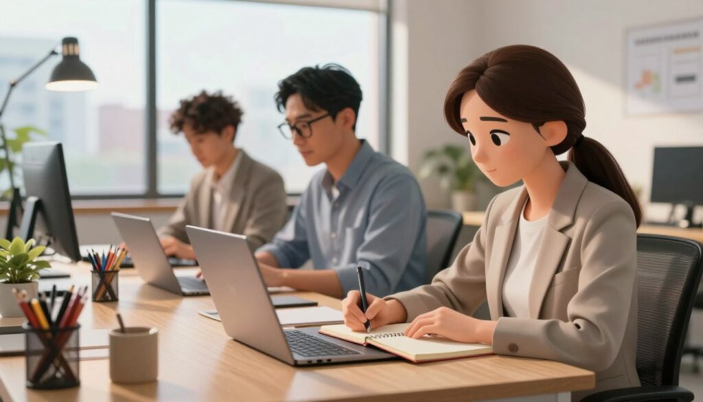 A focused workspace featuring a diverse group of three professionals engaged in deep concentration on their tasks. In the foreground, a young woman in neat business casual attire is writing in a notebook, illuminated by warm, soft LED desk lighting. To her side, a middle-aged man wearing smart glasses is typing on a sleek laptop, with focused determination on his face. In the background, a large window reveals a sunny urban landscape, casting natural light into the room, enhancing the sense of productivity. A well-organized desk holds various stationery items and a plant, contributing to a calm and inspirational atmosphere. This scene exemplifies the essence of 'Focused Work Sessions', showcasing collaboration, concentration, and a conducive environment for execution. A focused workspace featuring a diverse group of three professionals engaged in deep concentration on their tasks. In the foreground, a young woman in neat business casual attire is writing in a notebook, illuminated by warm, soft LED desk lighting. To her side, a middle-aged man wearing smart glasses is typing on a sleek laptop, with focused determination on his face. In the background, a large window reveals a sunny urban landscape, casting natural light into the room, enhancing the sense of productivity. A well-organized desk holds various stationery items and a plant, contributing to a calm and inspirational atmosphere. This scene exemplifies the essence of 'Focused Work Sessions', showcasing collaboration, concentration, and a conducive environment for execution.