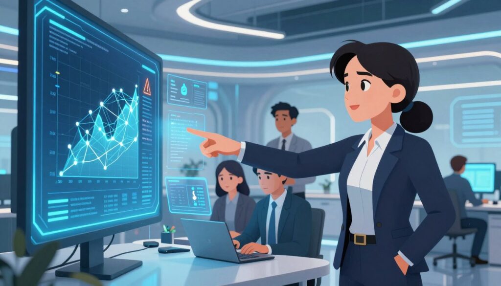 A futuristic office environment featuring a diverse group of professionals analyzing a large digital screen illuminated by soft blue and white lights. In the foreground, a well-dressed woman, focused and confident, points at a graphical representation of phishing detection trends, displaying warning signals and network data flow. In the middle ground, two colleagues, a man and a woman, collaborate on their laptops, surrounded by holographic interfaces showing security alerts and data analytics. The background showcases sleek, modern architecture with digital displays and transparent screens emphasizing a high-tech atmosphere. The scene has a dynamic, proactive vibe, conveying the urgency and importance of addressing cybersecurity threats. The overall lighting is bright, with a slight blue tint, enhancing the tech-savvy ambiance. A futuristic office environment featuring a diverse group of professionals analyzing a large digital screen illuminated by soft blue and white lights. In the foreground, a well-dressed woman, focused and confident, points at a graphical representation of phishing detection trends, displaying warning signals and network data flow. In the middle ground, two colleagues, a man and a woman, collaborate on their laptops, surrounded by holographic interfaces showing security alerts and data analytics. The background showcases sleek, modern architecture with digital displays and transparent screens emphasizing a high-tech atmosphere. The scene has a dynamic, proactive vibe, conveying the urgency and importance of addressing cybersecurity threats. The overall lighting is bright, with a slight blue tint, enhancing the tech-savvy ambiance.