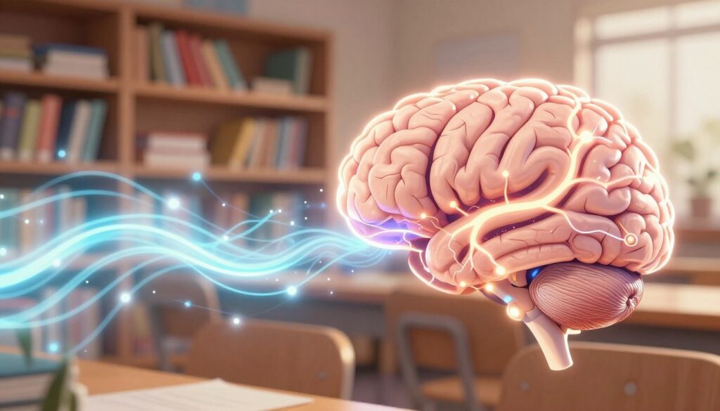A highly detailed illustration of a human brain glowing with electric energy, set in the foreground. The brain is intricately detailed, with highlighted synapses and neural pathways to visualize the concept of processing information. In the middle ground, soft waves of light represent streams of data flowing toward the brain, symbolizing input of information. The background is a blurred classroom setting with shelves filled with books and study materials, softly illuminated by warm, ambient lighting to create an inviting atmosphere. The overall mood is focused and serene, suggesting concentration and intelligence. The angle is slightly above eye level to capture both the brain and the flowing data effectively, emphasizing the connection between the brain and the study environment.