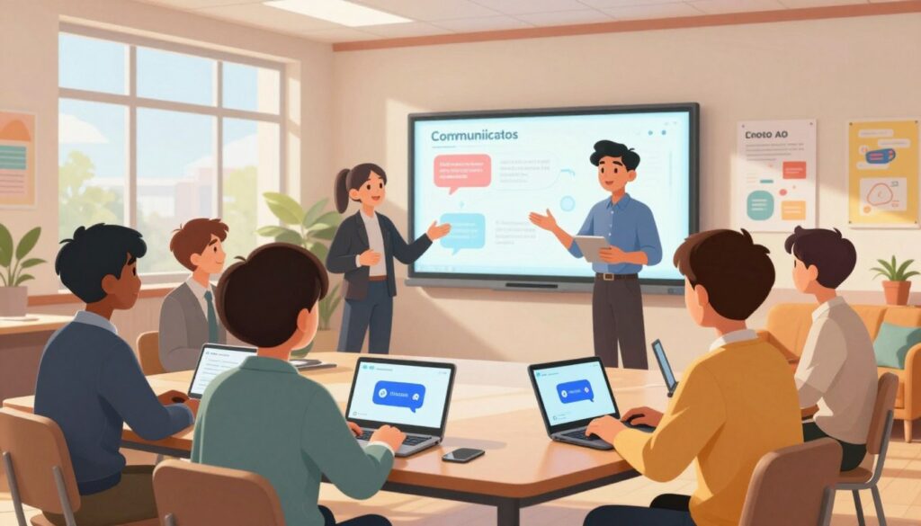 A lively and engaging scene showcasing a group of diverse teenagers practicing communication skills in a modern classroom setting. In the foreground, several teens, dressed in professional business attire, are actively participating in a flow-based conversation, utilizing digital devices that feature AI chat support. The middle ground reveals a large interactive whiteboard displaying visual aids related to effective communication techniques. In the background, bright, natural light streams through large windows, enhancing the energetic and collaborative atmosphere. The room is filled with colorful educational posters and comfortable seating arrangements. The overall mood is dynamic and optimistic, focusing on skill development and teamwork as the teens engage in meaningful dialogue.