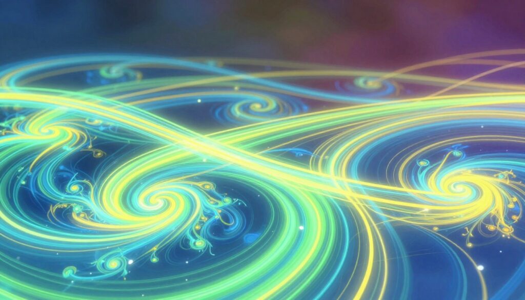 A mesmerizing visualization of energy patterns, showcasing swirling, vibrant waves of light and color. In the foreground, intricate fractal designs represent dynamic energy flows, pulsating with a spectrum of blues, greens, and yellows. The middle ground features intersecting lines and curves symbolizing various energy levels, creating a sense of movement and rhythm. The background is softly blurred with a gradient of deep hues, suggesting depth and serenity. The lighting should be ethereal, with radiant highlights enhancing the patterns, evoking a sense of harmony and balance. The atmosphere is contemplative and uplifting, inviting viewers to reflect on their personal energy patterns throughout daily life. Use a balanced composition with a focus on symmetry, employing a wide-angle lens to capture the expansiveness of this abstract concept. A mesmerizing visualization of energy patterns, showcasing swirling, vibrant waves of light and color. In the foreground, intricate fractal designs represent dynamic energy flows, pulsating with a spectrum of blues, greens, and yellows. The middle ground features intersecting lines and curves symbolizing various energy levels, creating a sense of movement and rhythm. The background is softly blurred with a gradient of deep hues, suggesting depth and serenity. The lighting should be ethereal, with radiant highlights enhancing the patterns, evoking a sense of harmony and balance. The atmosphere is contemplative and uplifting, inviting viewers to reflect on their personal energy patterns throughout daily life. Use a balanced composition with a focus on symmetry, employing a wide-angle lens to capture the expansiveness of this abstract concept.