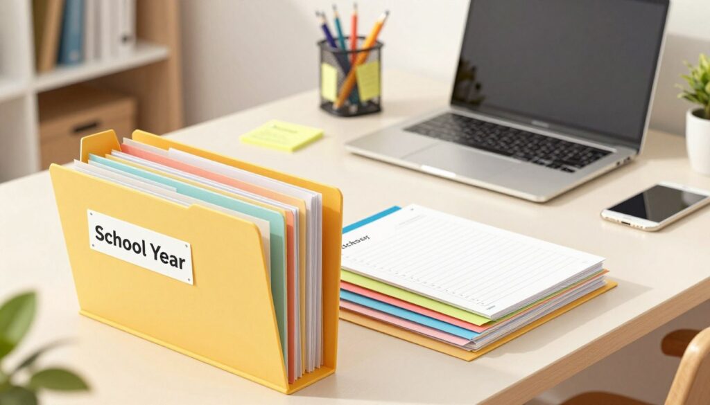 A meticulously organized desk scene showcasing a clean folder system. In the foreground, a vibrant, neatly arranged folder labeled “School Year” sits open, displaying neatly categorized papers and notes in various colors. The middle ground features an elegant, minimalist workspace with a sleek laptop, stationery holder, and motivational sticky notes, all bathed in soft, natural light. The background includes a tidy bookshelf with additional supplies, subtly suggesting an organized environment. The lighting is warm and inviting, creating a calm and productive atmosphere, while a shallow depth of field emphasizes the clarity and organization of the folders in the foreground. The overall mood is one of efficiency, clarity, and readiness for academic success.