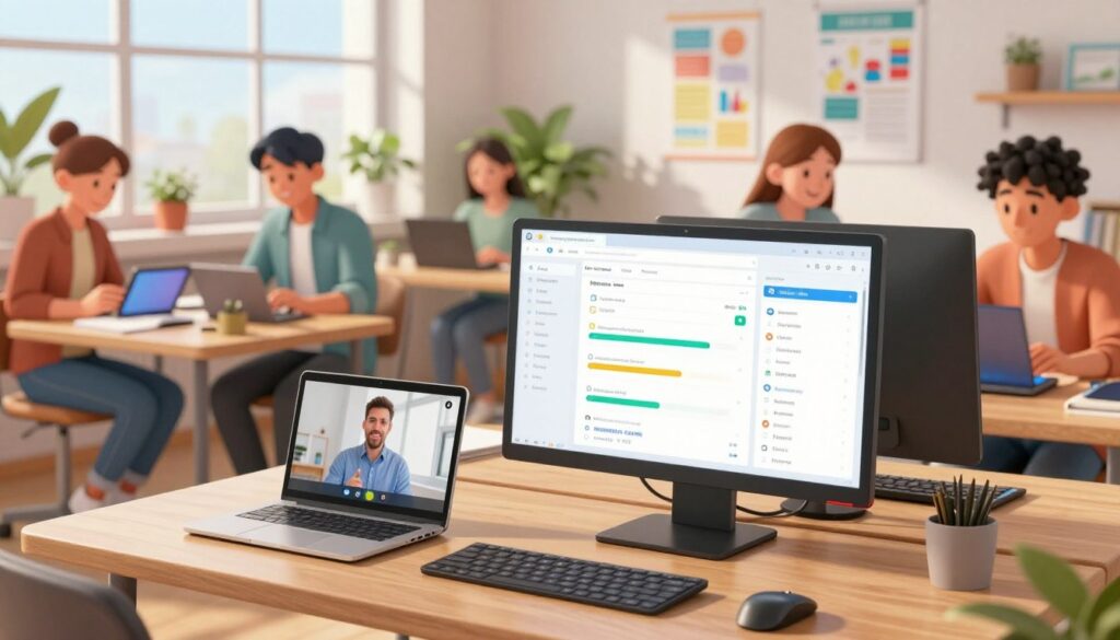 A modern and sleek workspace illustrating the integration of education AI tools for effective homework management. In the foreground, a desktop with a high-resolution monitor displays a user-friendly dashboard filled with colorful graphs and assignment tracking features. On the desk, an open laptop features a video call with a professional tutor providing guidance. The middle ground features a diverse group of students, dressed in smart casual attire, engaging with tablets and laptops, collaborating energetically on their work. The background showcases a bright, airy room adorned with educational posters and plants, with sunlight streaming through large windows, creating a warm and motivating atmosphere. The scene should feel inspiring and productive, highlighting the role of technology in modern education. A modern and sleek workspace illustrating the integration of education AI tools for effective homework management. In the foreground, a desktop with a high-resolution monitor displays a user-friendly dashboard filled with colorful graphs and assignment tracking features. On the desk, an open laptop features a video call with a professional tutor providing guidance. The middle ground features a diverse group of students, dressed in smart casual attire, engaging with tablets and laptops, collaborating energetically on their work. The background showcases a bright, airy room adorned with educational posters and plants, with sunlight streaming through large windows, creating a warm and motivating atmosphere. The scene should feel inspiring and productive, highlighting the role of technology in modern education.