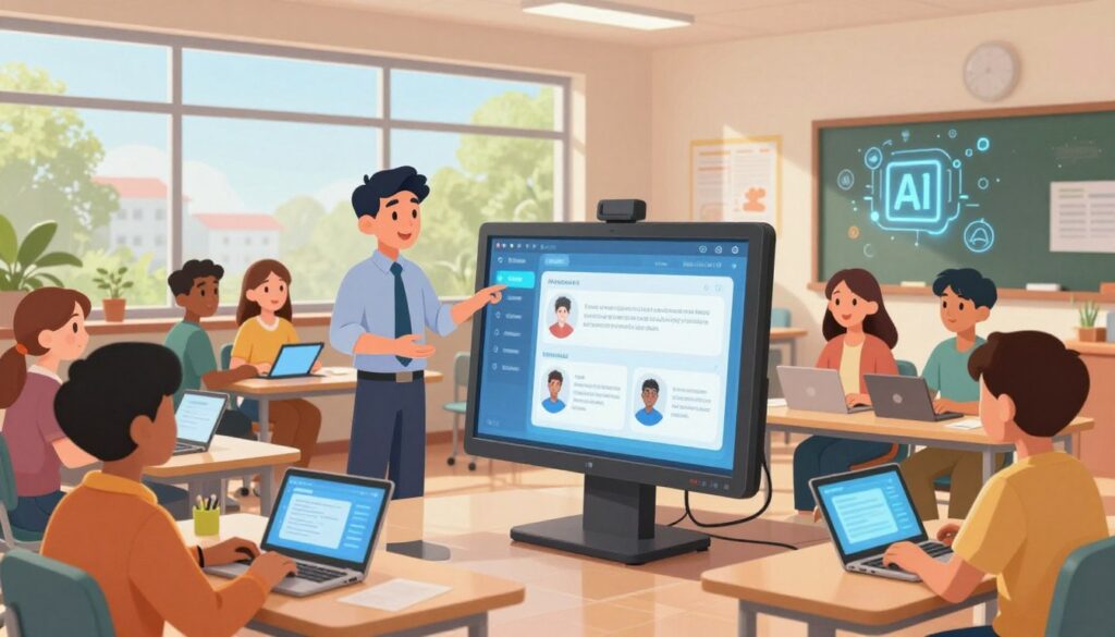A modern classroom filled with diverse students collaborating around a central, large touchscreen interface displaying interactive education AI tools. In the foreground, a male teacher in professional attire assists a group of engaged, multicultural students using tablets and laptops, showcasing a blend of technology and learning. The mid-ground features large windows letting in natural light, with greenery visible outside, creating a vibrant learning atmosphere. In the background, educational posters and floating digital icons illustrating AI concepts add visual interest. The lighting is bright and inviting, evoking an atmosphere of innovation and cooperation. The image captures the essence of integrating advanced education tools to enhance collaborative learning experiences.