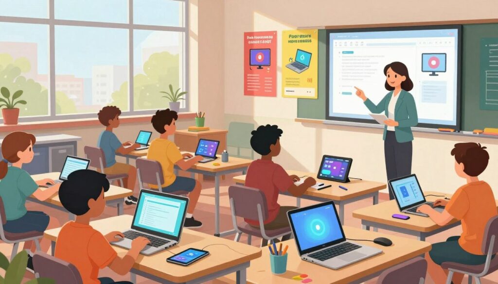 A modern classroom filled with innovative technology tools, featuring sleek laptops, tablets, and interactive whiteboards arranged on student desks. In the foreground, a teacher in professional attire engages with a group of diverse students, guiding them through a digital presentation. The middle ground showcases colorful, motivational posters about technology use, while students collaborate on a project using various gadgets. In the background, large windows allow natural light to flood the space, creating a bright and inviting atmosphere. The mood is energetic and inspiring, emphasizing a dynamic learning environment that leverages technology to enhance student motivation and engagement. The scene is captured with a slightly elevated angle, providing a comprehensive view of both the students and the tech tools they are using.