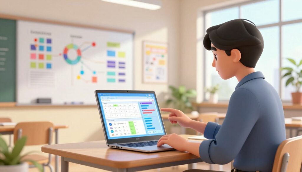 A modern classroom scene featuring an educator engaging with an advanced lesson planning AI interface on a sleek laptop. In the foreground, a focused teacher, dressed in smart casual attire, interacts with vibrant digital elements showcasing lesson planning features like interactive calendar, progress tracking, and customizable templates. The middle ground includes a whiteboard and educational posters filled with colorful charts and diagrams, symbolizing efficient teaching methods. In the background, bright, natural light streams through large windows, creating an inviting atmosphere. The overall mood is one of innovation and productivity, highlighting the potential of technology to enhance education. Use a wide-angle lens to capture the entire scene with a soft focus on the digital elements, enhancing their significance.