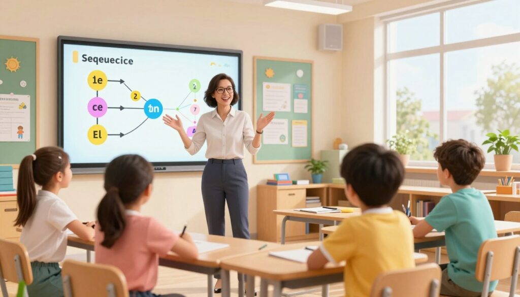 A modern classroom scene focusing on an engaging sequencing lesson. In the foreground, a diverse group of three students (two girls and a boy) with professional casual attire, actively participating, looking at a colorful digital presentation displayed on a smart board. The middle ground features a teacher, a middle-aged woman with glasses and a friendly smile, guiding the class with animated gestures. The background shows a bright, airy classroom filled with educational posters and organized learning materials, large windows letting in natural light. The atmosphere is lively and collaborative, highlighting an effective learning environment where sequencing concepts are clearly communicated and understood. The image should capture the essence of learning through better sequencing in a visually appealing manner.