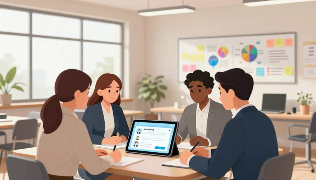 A modern classroom scene illustrating microlearning strategies for short attention spans. In the foreground, a diverse group of three professionals, dressed in smart business attire, collaborate around a bright digital tablet displaying interactive content. The middle ground features a clutter-free, organized workspace with colorful sticky notes and digital visuals that promote engagement, such as infographics and quick reference guides. The background shows large windows allowing natural light to flood the room, creating an inviting atmosphere. The decor is minimalist, with soft, neutral colors and plant life enhancing the creative vibe. The image captures a dynamic and focused mood, showcasing effective learning techniques designed for quick grasp and retention of concepts.