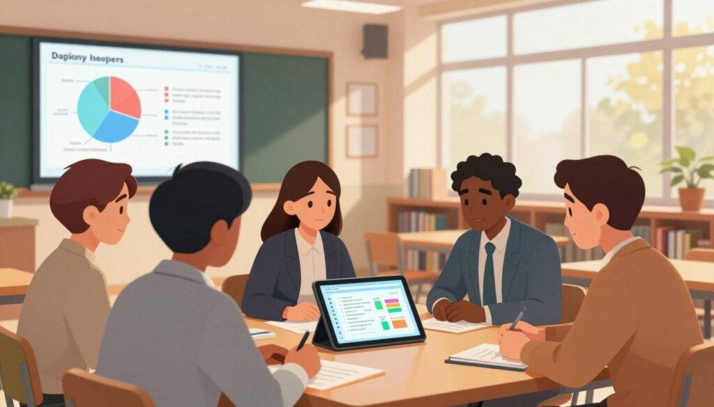 A modern classroom scene showcasing a teacher feedback coding system. In the foreground, a diverse group of three professional educators, dressed in modest business attire, are closely examining a digital interface on a tablet, showing colorful graphs and codes reflecting student feedback. In the middle ground, large screens on the walls display pie charts and feedback snippets, with annotations highlighting key points. The background reveals bookshelves filled with educational resources, and a large window filtering in warm, natural light, creating an inviting atmosphere. The mood is collaborative and focused, with a sense of innovation as the educators decode the feedback data to facilitate grade improvements. Capture this scene from a slightly elevated angle for depth and clarity.