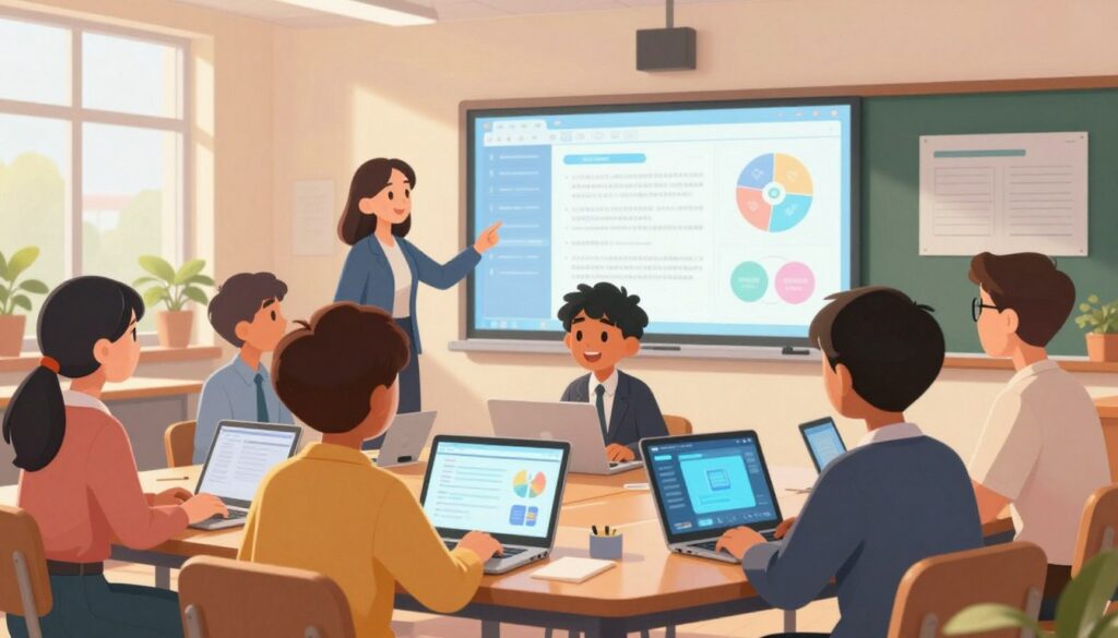 A modern classroom setting depicting the interaction between AI and students, with a focus on technology in education. In the foreground, a diverse group of students in professional attire are engaged with various digital devices, showcasing their concentration and excitement. The middle ground features a smart whiteboard displaying interactive AI-driven lessons, with colorful graphics and visualizations that capture attention. The background includes large windows letting in natural light, with greenery visible outside, creating an inviting and inspiring atmosphere. Use warm, soft lighting to evoke a sense of optimism and innovation. The overall composition should reflect a harmonious integration of technology and education, emphasizing confidence and support in learning through AI advancements.