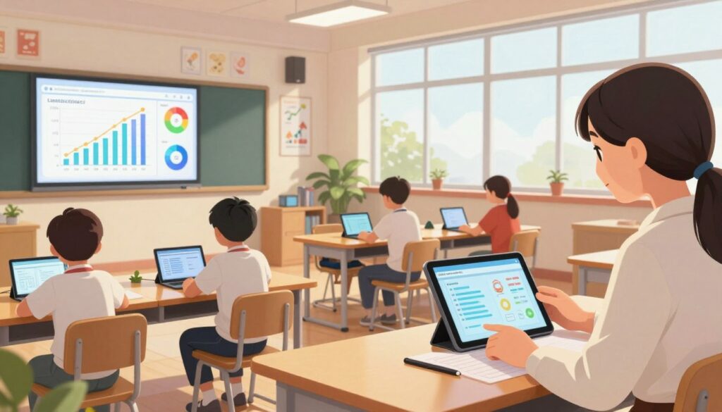 A modern classroom setting focused on automated student progress tracking. In the foreground, a sleek digital dashboard displays colorful graphs and performance metrics on a large screen, while a teacher examines the data on a tablet. In the middle ground, students are seated at desks working on tablets or laptops, engaged in individual study, with a sense of concentration. The background features a bright, airy room with large windows letting in natural light, decorated with educational posters related to learning and growth. The atmosphere is organized and efficient, reflecting a calm yet proactive approach to education. The use of soft, warm lighting enhances a positive mood, while a wide-angle perspective captures the collaborative environment of the classroom.