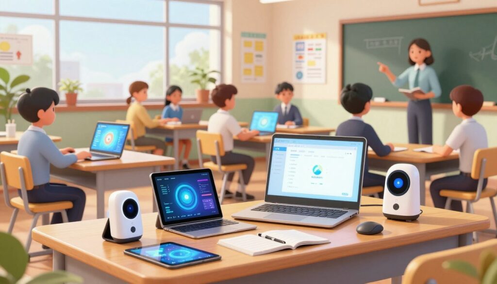 A modern classroom setting focusing on a variety of educational tools and technologies. In the foreground, showcase an array of classroom tools like a tablet, a laptop, a digital whiteboard, and interactive smart devices arranged neatly on a wooden teacher's desk. In the middle, depict students seated at colorful desks, engaging with various AI software interfaces on their laptops, all wearing professional business attire. The background features large windows allowing natural light to flood the room, illuminating charts and posters on the walls that promote learning and ethical discussions about AI in education. Use a bright, inviting atmosphere to convey innovation and engagement, with soft, diffused lighting to enhance the educational environment. A modern classroom setting focusing on a variety of educational tools and technologies. In the foreground, showcase an array of classroom tools like a tablet, a laptop, a digital whiteboard, and interactive smart devices arranged neatly on a wooden teacher's desk. In the middle, depict students seated at colorful desks, engaging with various AI software interfaces on their laptops, all wearing professional business attire. The background features large windows allowing natural light to flood the room, illuminating charts and posters on the walls that promote learning and ethical discussions about AI in education. Use a bright, inviting atmosphere to convey innovation and engagement, with soft, diffused lighting to enhance the educational environment.