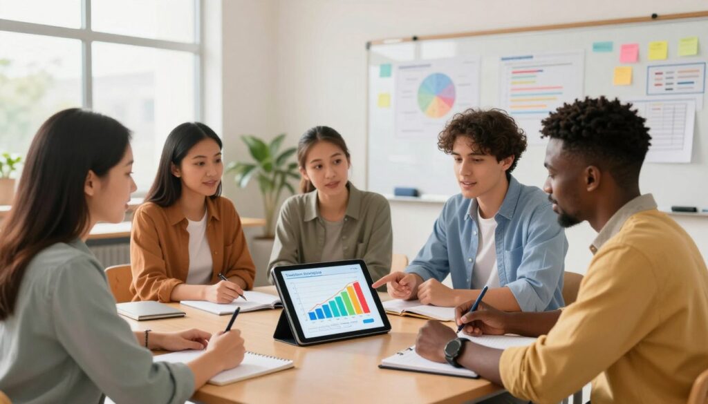 A modern classroom setting, showcasing a diverse group of teachers and educators gathered around a table, collaboratively discussing teacher analytics data on a digital tablet. In the foreground, one teacher, a woman of Asian descent, points at a colorful graph on the tablet, while another, a Black male, takes notes. In the middle ground, other teachers, Hispanic and Caucasian, engage in conversation, suggesting an atmosphere of cooperation. The background displays a whiteboard filled with educational charts and post-it notes, emphasizing planning and analytics. Natural light streams through large windows, creating a bright and optimistic environment. The scene conveys a sense of enthusiasm, teamwork, and forward-thinking in educational practices.