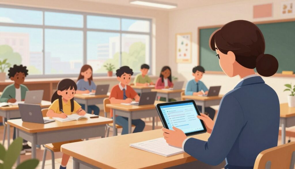 A modern classroom setup featuring a diverse group of students seated at desks, engaged in various activities. In the foreground, a teacher, dressed in professional attire, is using a tablet to monitor student progress and behavior in real-time. The middle ground shows students interacting with digital tools and engaging in collaborative discussions, highlighting the integration of technology in education. The background depicts a bright and airy classroom with large windows, allowing natural light to fill the space, and educational posters on the walls. The mood is focused yet dynamic, reflecting the energy of learning. The image is captured with a slight low-angle perspective to emphasize the interaction between the teacher and students, enhancing the feeling of engagement and support in the classroom environment.