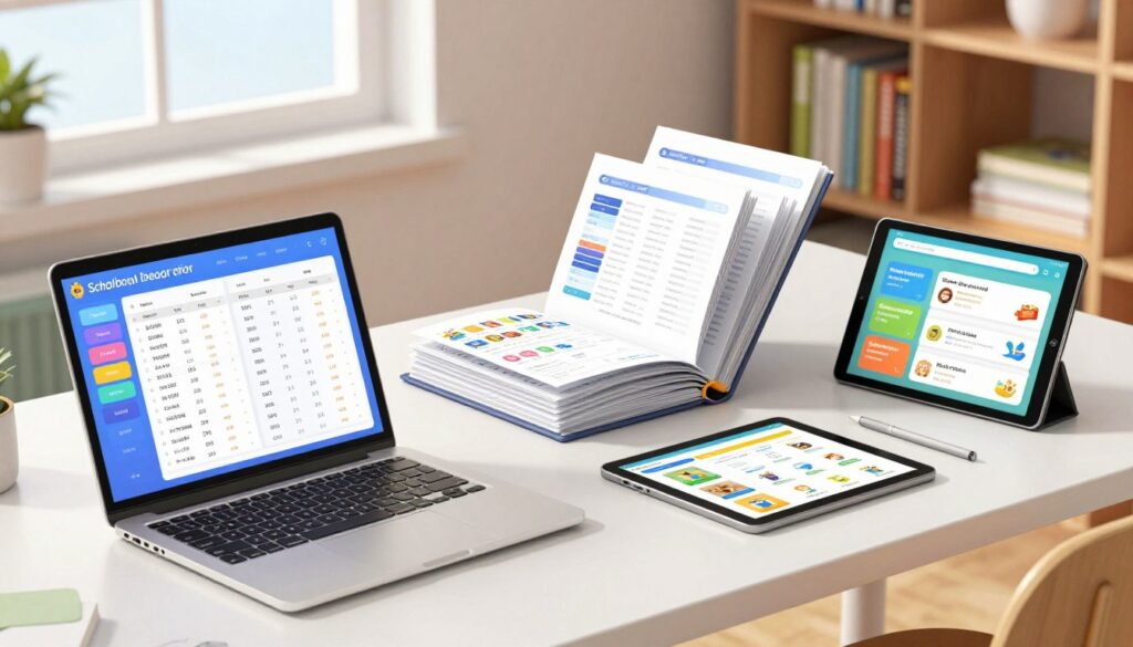 A modern digital homeschool record keeping system displayed on a sleek, minimalist desk. In the foreground, a laptop opens to a colorful dashboard full of grades, schedules, and educational resources. Next to the laptop, a tablet shows an interactive lesson plan. In the middle, a well-organized binder filled with digital documents morphs into a digital interface, symbolizing the transition from paper to electronic storage. In the background, light pours through a window, illuminating a bookshelf filled with educational materials. The atmosphere is calm and productive, with warm lighting accentuating the tech-savvy environment. Capture the scene from a slight angle above the desk, providing an inviting view of the organized workspace, free from clutter. A modern digital homeschool record keeping system displayed on a sleek, minimalist desk. In the foreground, a laptop opens to a colorful dashboard full of grades, schedules, and educational resources. Next to the laptop, a tablet shows an interactive lesson plan. In the middle, a well-organized binder filled with digital documents morphs into a digital interface, symbolizing the transition from paper to electronic storage. In the background, light pours through a window, illuminating a bookshelf filled with educational materials. The atmosphere is calm and productive, with warm lighting accentuating the tech-savvy environment. Capture the scene from a slight angle above the desk, providing an inviting view of the organized workspace, free from clutter.