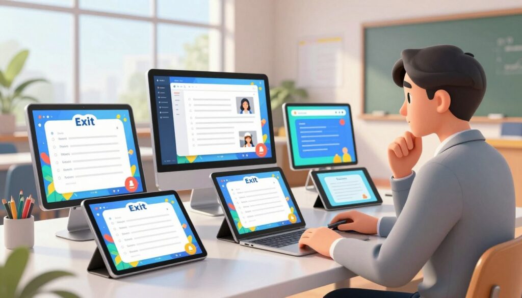 A modern digital workspace featuring colorful exit ticket tools displayed on a sleek desk. In the foreground, an assortment of digital tablets and interactive screens showcasing diverse exit ticket templates with engaging graphical elements. The middle layer includes a laptop open to a platform design, streaming live feedback from students. In the background, a bright, airy classroom is visible, with large windows letting in natural light, enhancing a productive atmosphere. Use soft, diffused lighting to create an inviting and innovative feel. A professional educator dressed in smart casual attire can be seen observing the tools with a thoughtful expression, emphasizing engagement and understanding. The overall mood is energetic, focused, and forward-thinking, perfect for modern educational practices. A modern digital workspace featuring colorful exit ticket tools displayed on a sleek desk. In the foreground, an assortment of digital tablets and interactive screens showcasing diverse exit ticket templates with engaging graphical elements. The middle layer includes a laptop open to a platform design, streaming live feedback from students. In the background, a bright, airy classroom is visible, with large windows letting in natural light, enhancing a productive atmosphere. Use soft, diffused lighting to create an inviting and innovative feel. A professional educator dressed in smart casual attire can be seen observing the tools with a thoughtful expression, emphasizing engagement and understanding. The overall mood is energetic, focused, and forward-thinking, perfect for modern educational practices.