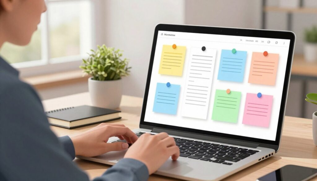 A modern digital workspace filled with neatly organized digital notes on a sleek laptop screen. In the foreground, a person in professional business attire is focused, typing on the laptop, surrounded by colorful notes digitally pinned to a virtual board on the screen. The middle ground features a minimalist desk with a stylish notebook and a plant, emphasizing a calm and organized environment. In the background, soft natural light streams in through a large window, creating a warm, inviting atmosphere. The overall mood is serene and productive, highlighting the core principles of effective digital note organization without clutter. The image is taken from a slight angle to capture the arrangement of notes and the individual’s concentration. A modern digital workspace filled with neatly organized digital notes on a sleek laptop screen. In the foreground, a person in professional business attire is focused, typing on the laptop, surrounded by colorful notes digitally pinned to a virtual board on the screen. The middle ground features a minimalist desk with a stylish notebook and a plant, emphasizing a calm and organized environment. In the background, soft natural light streams in through a large window, creating a warm, inviting atmosphere. The overall mood is serene and productive, highlighting the core principles of effective digital note organization without clutter. The image is taken from a slight angle to capture the arrangement of notes and the individual’s concentration.