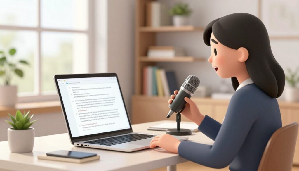 A modern home office scene showcasing the concept of voice-to-text writing. In the foreground, a professional woman, dressed in smart casual attire, sits at a sleek desk with a high-quality microphone in front of her. She appears focused, speaking animatedly into the microphone. In the middle ground, an elegant laptop screen displays flowing text being generated in real-time, symbolizing the speed of conversation. Soft natural lighting filters through a nearby window, enhancing the atmosphere of productivity and innovation. The background features soft blur effects with bookshelves filled with literature and plants, evoking a calm and inspiring creative environment. The overall mood is dynamic yet serene, capturing the essence of writing effortlessly and efficiently. A modern home office scene showcasing the concept of voice-to-text writing. In the foreground, a professional woman, dressed in smart casual attire, sits at a sleek desk with a high-quality microphone in front of her. She appears focused, speaking animatedly into the microphone. In the middle ground, an elegant laptop screen displays flowing text being generated in real-time, symbolizing the speed of conversation. Soft natural lighting filters through a nearby window, enhancing the atmosphere of productivity and innovation. The background features soft blur effects with bookshelves filled with literature and plants, evoking a calm and inspiring creative environment. The overall mood is dynamic yet serene, capturing the essence of writing effortlessly and efficiently.