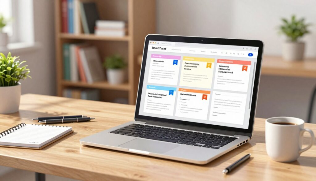 A modern office desk setting featuring an open laptop displaying various colorful email templates. In the foreground, there are neatly arranged stationery items, including a notepad, pens, and a cup of coffee. The middle ground showcases the laptop screen filled with different email template designs, reflecting a range of school-related topics such as parent-teacher communication, event notifications, and feedback forms. The background consists of a softly blurred bookshelf filled with educational materials and plants, creating a welcoming atmosphere. Natural light streams in through a window, casting warm, soft shadows, conveying a sense of professionalism and approachability. The scene evokes an organized and creative workspace, perfect for parents drafting emails for school situations.
