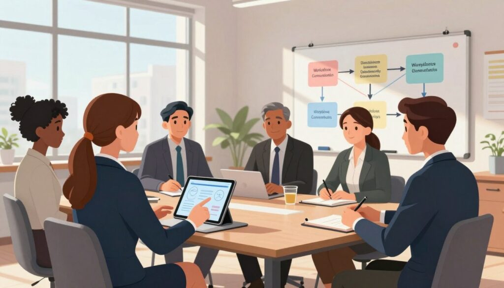 A modern office environment bustling with activity, featuring a diverse group of professionals engaged in a collaborative meeting. In the foreground, a young woman in smart business attire gestures towards a digital tablet, demonstrating a communication strategy. Next to her, a middle-aged man in a suit takes notes, while a diverse team, including individuals of different ethnicities, listens attentively, showcasing teamwork and support. In the middle background, a whiteboard filled with colorful diagrams about workplace communication strategies enhances the educational atmosphere. Bright natural light streams through large windows, casting soft shadows across the room. The overall mood is focused, optimistic, and productive, highlighting the importance of clear communication and teamwork in minimizing workplace stress.