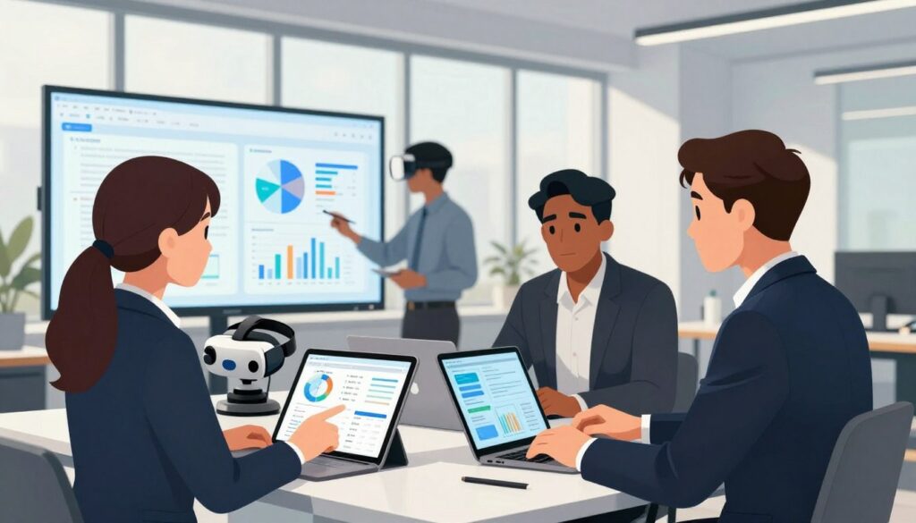 A modern office setting featuring a diverse group of three professionals engaged in a technology assessment discussion. In the foreground, a woman in a smart business suit points to a tablet displaying a digital assessment tool, while a man in formal attire reviews data on a laptop. Beside them, a third person, dressed in smart casual wear, analyzes graphs on a large screen. The middle ground showcases sleek technology, like VR headsets and interactive whiteboards, illustrating high-tech assessment alignment tools. The background features large windows with natural light flooding the room, creating a bright, collaborative atmosphere. The overall mood is focused and innovative, emphasizing teamwork and the integration of AI in assessment practices.