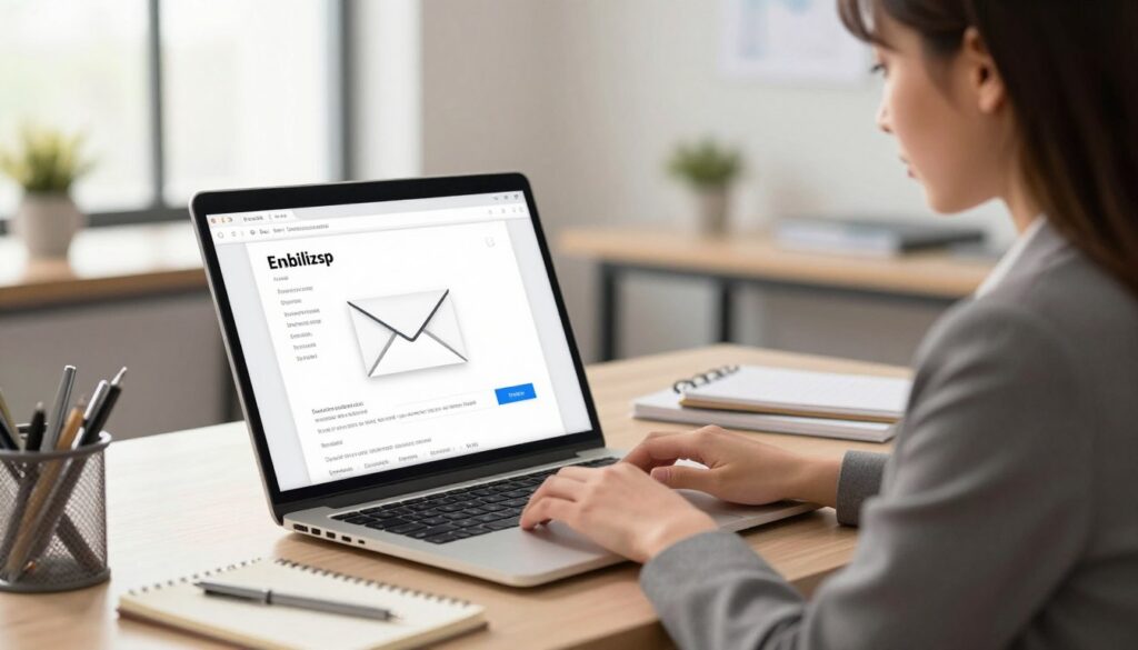 A modern office setting with a young professional woman sitting at a sleek, organized desk, surrounded by a laptop, notepad, and office supplies. She is dressed in smart business attire, focused and thoughtful, typing an email. The foreground highlights her hands hovering over the keyboard, creating a sense of engagement. In the middle ground, a close-up view of the laptop screen shows the email draft with a clear subject line that conveys professionalism, while the background features a softly blurred office environment, with natural light streaming through a window, giving a warm and motivational atmosphere. The image exudes competence and confidence, perfect for showcasing effective email communication strategies.