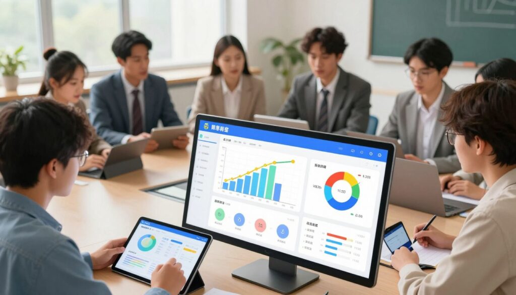A modern student dashboard displaying vibrant graphs and charts tracking assignment progress prominently in the foreground. Include an intuitive interface with colorful indicators showing completion rates and deadlines, alongside visual representations of focus and engagement metrics. In the middle ground, depict a diverse group of students in professional business attire, engaged in discussion and interacting with the digital dashboard on sleek tablet devices. The background features a contemporary classroom setting with large windows letting in natural light, creating a bright and motivational atmosphere. Use soft lighting to enhance the inviting mood, captured from a slight overhead angle to emphasize the dynamic learning environment. The overall feel should be inspiring and focused on educational achievements and collaboration.