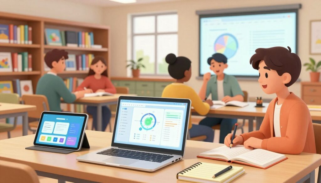 A modern study environment featuring various educational AI tools aiding students with homework. In the foreground, a well-organized desk with a sleek laptop displaying an interactive AI interface, a tablet with educational apps open, and notebooks. The middle ground showcases a diverse group of four students, two boys and two girls, dressed in casual yet smart clothing, engaged in collaboration and discussion. They appear focused and enthusiastic, with digital charts and graphs projected on a wall behind them. The background reveals a vibrant school library with bookshelves filled with educational materials and soft natural light streaming through large windows, creating a warm and inspiring atmosphere. The overall mood is productive and positive, emphasizing the benefits of technology in enhancing learning experiences. A modern study environment featuring various educational AI tools aiding students with homework. In the foreground, a well-organized desk with a sleek laptop displaying an interactive AI interface, a tablet with educational apps open, and notebooks. The middle ground showcases a diverse group of four students, two boys and two girls, dressed in casual yet smart clothing, engaged in collaboration and discussion. They appear focused and enthusiastic, with digital charts and graphs projected on a wall behind them. The background reveals a vibrant school library with bookshelves filled with educational materials and soft natural light streaming through large windows, creating a warm and inspiring atmosphere. The overall mood is productive and positive, emphasizing the benefits of technology in enhancing learning experiences.