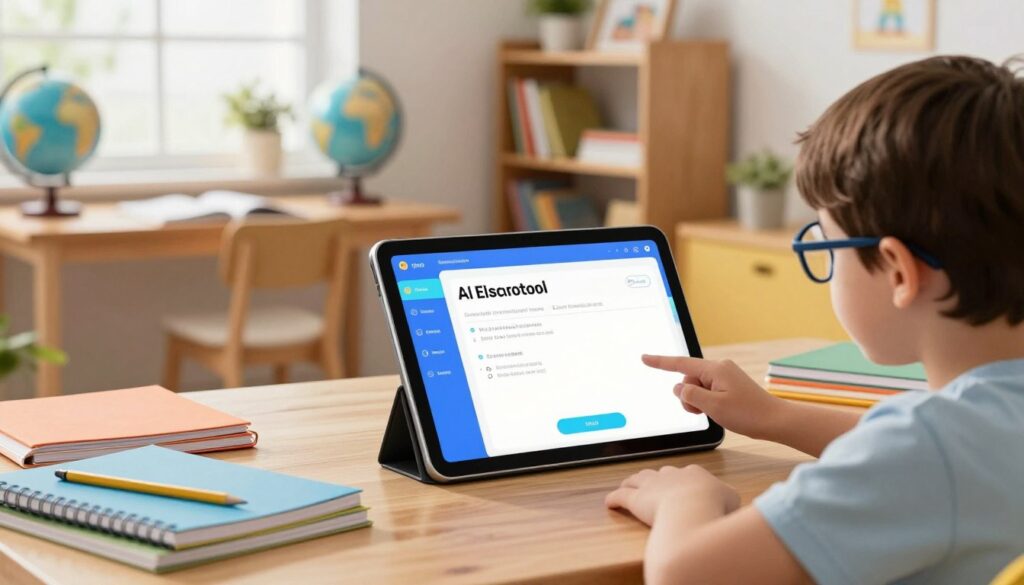 A modern, user-friendly interface of an AI education tool displayed on a large tablet, resting on a wooden table cluttered with colorful notebooks and art supplies. In the foreground, a child with glasses, focused and engaged, interacts with the tablet, showcasing their progress in homeschooling. In the middle ground, a cozy study space with bookshelves filled with educational materials, a globe, and a comfortable chair. The background features a window allowing soft, natural light to flood the room, creating a warm and inviting atmosphere. The image conveys a sense of innovation and empowerment in education, emphasizing the seamless integration of technology into a homeschooling environment. The scene is bright, with a cheerful ambiance, inviting viewers to explore the benefits of using AI tools for tracking academic growth. A modern, user-friendly interface of an AI education tool displayed on a large tablet, resting on a wooden table cluttered with colorful notebooks and art supplies. In the foreground, a child with glasses, focused and engaged, interacts with the tablet, showcasing their progress in homeschooling. In the middle ground, a cozy study space with bookshelves filled with educational materials, a globe, and a comfortable chair. The background features a window allowing soft, natural light to flood the room, creating a warm and inviting atmosphere. The image conveys a sense of innovation and empowerment in education, emphasizing the seamless integration of technology into a homeschooling environment. The scene is bright, with a cheerful ambiance, inviting viewers to explore the benefits of using AI tools for tracking academic growth.
