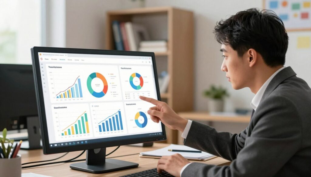 A modern visual analytics dashboard displayed on a sleek desktop monitor in a well-lit office environment. The foreground features interactive graphs and charts, showcasing data about teaching performance and student engagement. In the middle background, a professional educator, dressed in smart business attire, intently analyzes the dashboard, with a focused expression. The background includes a tidy workspace with bookshelves and educational materials, enhancing the academic atmosphere. Soft, natural lighting filters through a nearby window, creating a warm and inviting mood. The image is shot from a slight angle to emphasize both the educator and the display, capturing a sense of reflection and insight.