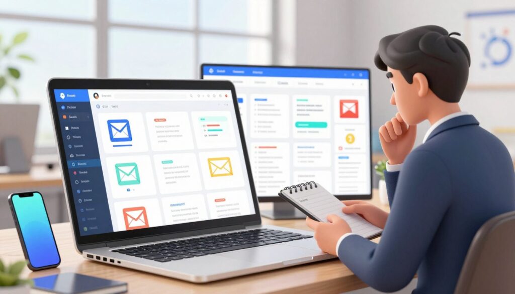A modern workspace featuring a digital dashboard filled with vibrant AI-tailored email templates. In the foreground, a sleek laptop displays an open email platform, highlighting various colorful templates designed for follow-up emails, all organized neatly. The middle ground showcases a professional individual, dressed in business attire, thoughtfully reviewing the templates with a notepad in hand. The background includes a large window with soft natural light streaming in, illuminating the room. Subtle elements of technology, like a stylish smartphone and a smart assistant device, enhance the futuristic atmosphere. The overall mood should be one of innovation and efficiency, reflecting the integration of AI in everyday tasks, with a clean and organized aesthetic.