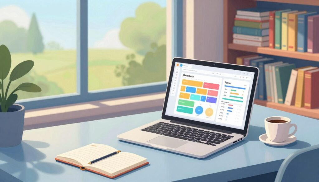 A modern workspace featuring a productivity tracking focus block system. In the foreground, an elegant desk with a laptop open to a colorful, interactive interface displaying blocks of time, productivity metrics, and goals. A stylish planner and a cup of coffee sit beside the laptop. In the middle ground, a large window reveals a bright and inviting outdoor scene, illuminated by soft, natural light that creates a warm atmosphere. In the background, neatly organized bookshelves filled with educational materials and resources, emphasizing a scholarly environment. The overall mood is inspiring and focused, with a color palette of calming blues and greens to promote concentration and productivity. The angle captures the desk from a slight overhead view, highlighting both the desk and the view outside.