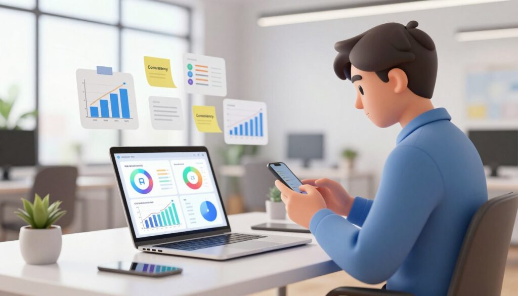 A modern workspace featuring a sleek desk setup with a high-tech laptop displaying vibrant analytics related to consistency tools. In the foreground, a professional in smart-casual attire is analyzing data while using a smartphone, embodying focus and determination. In the middle ground, subtle visual elements like graphs, reminders, and productivity flowcharts float around, representing the AI-powered tools that enhance consistency. The background showcases a bright, airy office space with large windows, letting in natural light that enhances the atmosphere of motivation and productivity. Use a soft focus for the background to draw attention to the subject. The overall mood is one of innovation and purposeful energy, motivating the viewer to think about leveraging technology for enhanced consistency. A modern workspace featuring a sleek desk setup with a high-tech laptop displaying vibrant analytics related to consistency tools. In the foreground, a professional in smart-casual attire is analyzing data while using a smartphone, embodying focus and determination. In the middle ground, subtle visual elements like graphs, reminders, and productivity flowcharts float around, representing the AI-powered tools that enhance consistency. The background showcases a bright, airy office space with large windows, letting in natural light that enhances the atmosphere of motivation and productivity. Use a soft focus for the background to draw attention to the subject. The overall mood is one of innovation and purposeful energy, motivating the viewer to think about leveraging technology for enhanced consistency.