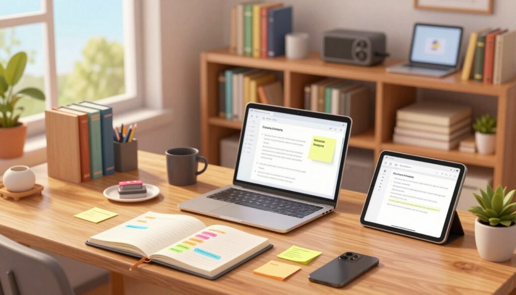 A modern workspace featuring a stylish wooden desk with neatly organized digital devices, such as a laptop and tablet displaying notes. In the foreground, an open notebook and colorful sticky notes with tags illustrating effective tagging strategies. The middle ground showcases a large bookshelf filled with neatly arranged books and digital organization tools, emphasizing the searching strategies. There are soft, warm ambient lights casting a cozy glow, and the background displays a large window with greenery outside, giving a sense of tranquility. The scene conveys a professional and organized atmosphere, inviting the viewer to envision effective digital note management. The angle is a slightly elevated perspective to capture the entire workspace. A modern workspace featuring a stylish wooden desk with neatly organized digital devices, such as a laptop and tablet displaying notes. In the foreground, an open notebook and colorful sticky notes with tags illustrating effective tagging strategies. The middle ground showcases a large bookshelf filled with neatly arranged books and digital organization tools, emphasizing the searching strategies. There are soft, warm ambient lights casting a cozy glow, and the background displays a large window with greenery outside, giving a sense of tranquility. The scene conveys a professional and organized atmosphere, inviting the viewer to envision effective digital note management. The angle is a slightly elevated perspective to capture the entire workspace.