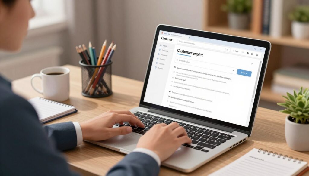 A modern workspace featuring an open laptop displaying a well-organized customer support email interface. In the foreground, a pair of hands in professional attire are typing on the keyboard, symbolizing active engagement. The middle layer showcases a desk with neatly arranged stationery, a coffee mug, and a notepad with bullet points of a complaint email template. The background includes a softly lit bookshelf filled with business books and plants, creating a calming atmosphere. The scene is illuminated with warm, diffused lighting to enhance focus and professionalism, viewed from a slightly elevated angle to create depth. The overall mood is focused and positive, evoking determination to resolve issues effectively. A modern workspace featuring an open laptop displaying a well-organized customer support email interface. In the foreground, a pair of hands in professional attire are typing on the keyboard, symbolizing active engagement. The middle layer showcases a desk with neatly arranged stationery, a coffee mug, and a notepad with bullet points of a complaint email template. The background includes a softly lit bookshelf filled with business books and plants, creating a calming atmosphere. The scene is illuminated with warm, diffused lighting to enhance focus and professionalism, viewed from a slightly elevated angle to create depth. The overall mood is focused and positive, evoking determination to resolve issues effectively.