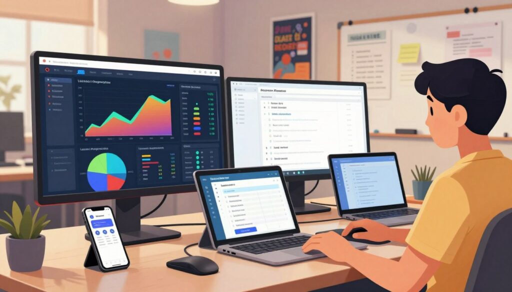 A modern workspace filled with sleek digital progress tracking tools on multiple screens. In the foreground, a large computer monitor displays colorful graphs and analytics related to lesson progress, with vibrant colors indicating various performance metrics. Beside it, a tablet shows a checklist app for lesson planning. In the middle ground, a desk is cluttered with digital devices like a laptop and smartphone, all showcasing user-friendly interfaces designed for educators. The background features a softly lit office with motivational posters and a whiteboard filled with notes. The overall atmosphere is focused and productive, illuminated by warm, ambient lighting to create an inviting workspace feel. The scene conveys a sense of efficiency and modernity in teaching and tracking progress.