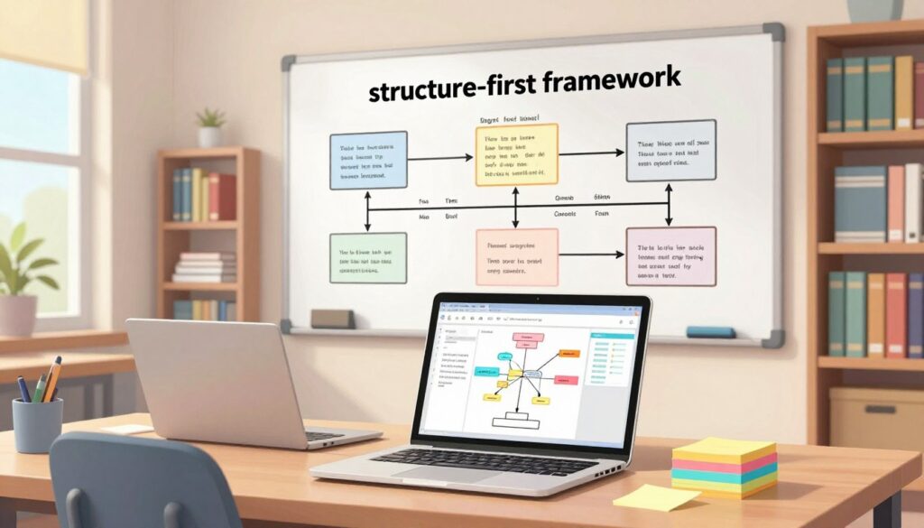 A modern workspace illustrating a "structure-first framework" concept; in the foreground, a neatly organized desk with a laptop open, displaying a mind map and structured notes, alongside a stack of colorful sticky notes. In the middle ground, a large whiteboard filled with structured diagrams and timelines, emphasizing clear, organized thoughts and ideas. The background features a bookshelf lined with educational materials and resources, all under soft, natural lighting coming from a nearby window, creating a calm and focused atmosphere. The scene conveys a sense of productivity and clarity, perfect for inspiring motivation in study habits. No people present.