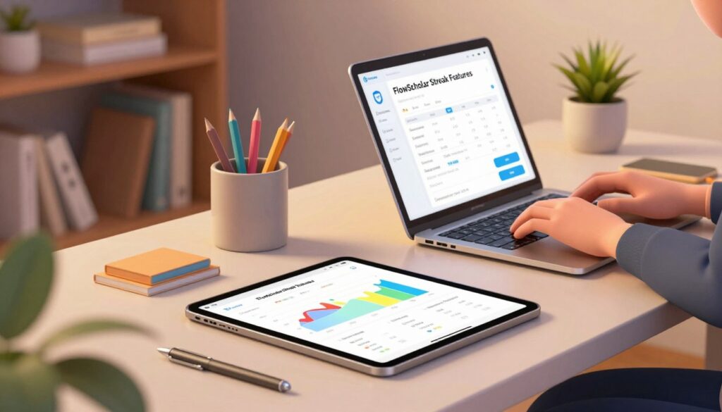 A modern workspace scene featuring a sleek desk with a digital study tracker displaying the "FlowScholar Streak Features." In the foreground, a stylish tablet shows an elegant interface with colorful graphs and streak statistics, surrounded by neatly organized stationery. In the middle ground, a pair of hands typing on a laptop, showcasing the user actively engaging with the tracking tool. The background features soft, ambient lighting illuminating a cozy study area with a bookshelf and a potted plant, creating a warm atmosphere. The perspective is slightly angled to capture the essence of a productive study environment, evoking motivation and focus without any distractions or clutter.