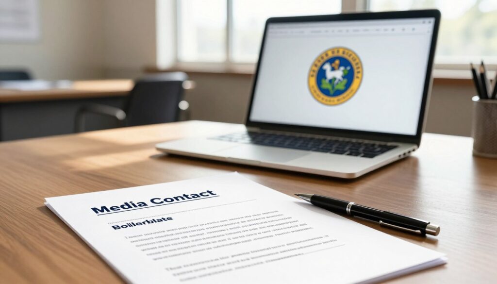 A neat layout of a boilerplate contact section for a press release, with a professional aesthetic. In the foreground, a polished desk is adorned with a crisp white document featuring clear headings such as "Media Contact" and "Boilerplate." A black pen rests beside it, ready to be used. In the middle, an elegant laptop is open, displaying a school logo on the screen, hinting at its educational context. The background features a softly lit office space, with warm natural light streaming through a window, casting gentle shadows. The mood is professional and focused, evoking a sense of organization and readiness. The scene captures the essence of effective communication in a school setting, without any text or branding elements. A neat layout of a boilerplate contact section for a press release, with a professional aesthetic. In the foreground, a polished desk is adorned with a crisp white document featuring clear headings such as "Media Contact" and "Boilerplate." A black pen rests beside it, ready to be used. In the middle, an elegant laptop is open, displaying a school logo on the screen, hinting at its educational context. The background features a softly lit office space, with warm natural light streaming through a window, casting gentle shadows. The mood is professional and focused, evoking a sense of organization and readiness. The scene captures the essence of effective communication in a school setting, without any text or branding elements.