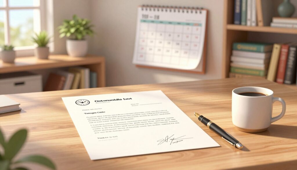 A neatly arranged desk in a softly lit, cozy office environment, featuring an elegant timing ask letter prominently displayed in the foreground. The letter is beautifully crafted on high-quality stationery, with a fountain pen and a coffee mug beside it, creating an inviting atmosphere. In the middle ground, a calendar hangs on the wall, highlighting optimal dates for sending recommendation requests. The background features bookshelves filled with educational materials and a small potted plant, adding a touch of warmth to the scene. Soft, natural light filters through a nearby window, casting gentle shadows that suggest a quiet, thoughtful moment. The overall mood is professional yet approachable, perfectly embodying the theme of timing and consideration.