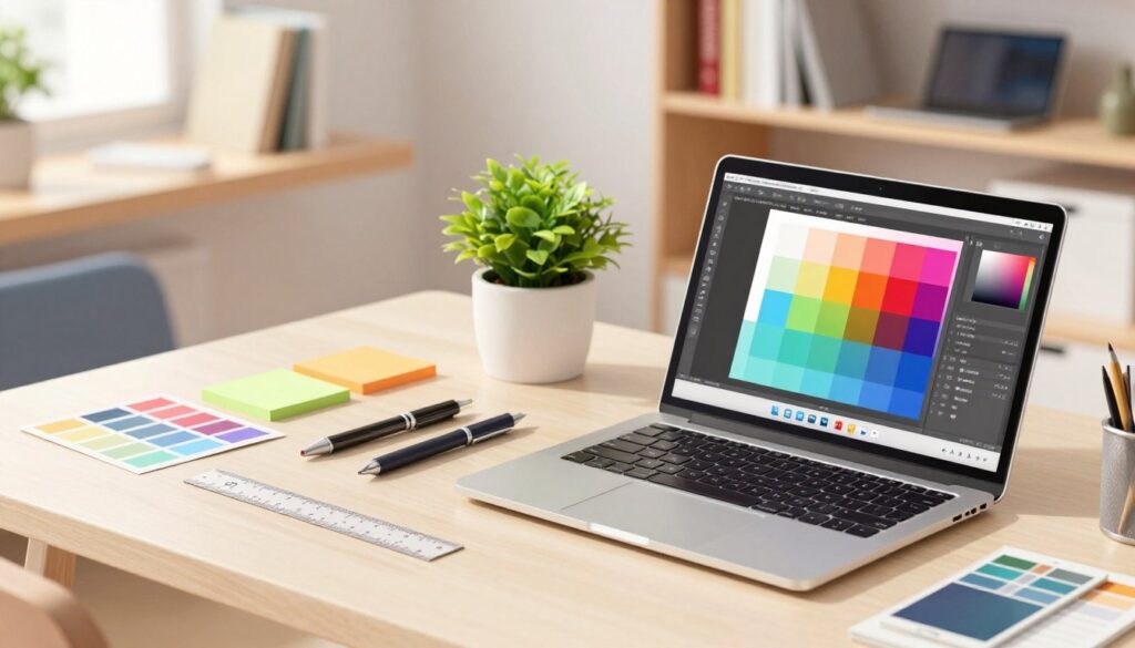 A neatly arranged set of design tools focused on a modern workspace desk. In the foreground, showcase a high-quality laptop with an open design software application, colorful design tokens displayed on the screen. Beside it, have a set of professional drafting tools—precision pens, a ruler, and color swatches. In the middle, include a potted plant for an organic touch, alongside neatly organized sticky notes with color codes. In the background, soft-focus modern shelving displays books on design principles and technology. The lighting is bright and inviting, mimicking natural daylight from a window, creating a productive atmosphere. The angle is slightly elevated, offering a comprehensive view that captures the essence of a creative environment, emphasizing the relationship between tools and design.