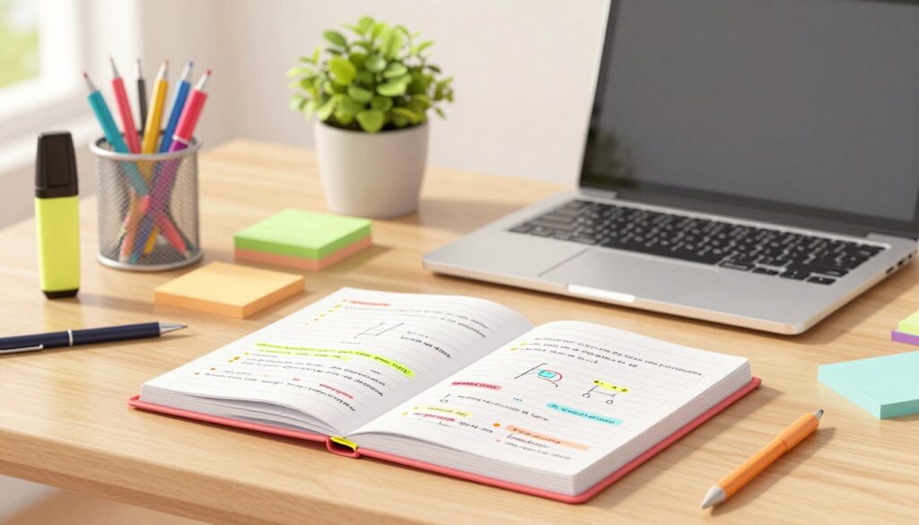 A neatly organized study desk, featuring a variety of colorful and neatly arranged stationery, including highlighters, pens, sticky notes, and a sleek laptop, all set against a soft, warm-lit background. In the foreground, a stack of open notebooks shows beautifully crafted, clear notes in vibrant colors, emphasizing a structured layout with bullet points and diagrams. The middle ground includes a potted plant for a touch of nature, contributing to a calm and focused atmosphere. The lighting is bright yet soft, creating an inviting and motivating space for study. The overall mood is one of preparation, focus, and optimism, great for inspiring effective note-taking success before class. A neatly organized study desk, featuring a variety of colorful and neatly arranged stationery, including highlighters, pens, sticky notes, and a sleek laptop, all set against a soft, warm-lit background. In the foreground, a stack of open notebooks shows beautifully crafted, clear notes in vibrant colors, emphasizing a structured layout with bullet points and diagrams. The middle ground includes a potted plant for a touch of nature, contributing to a calm and focused atmosphere. The lighting is bright yet soft, creating an inviting and motivating space for study. The overall mood is one of preparation, focus, and optimism, great for inspiring effective note-taking success before class.