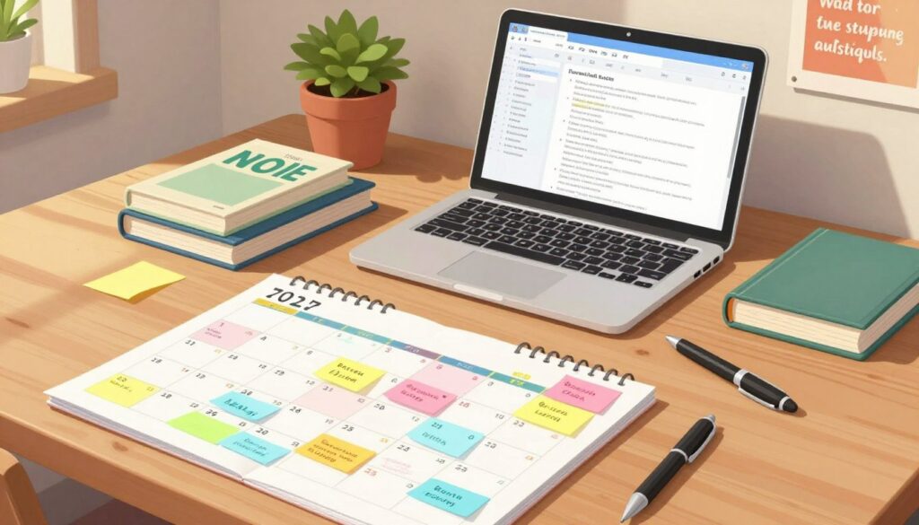 A neatly organized study schedule displayed on a wooden desk, with soft lighting casting gentle shadows over the pages. The foreground features a colorful calendar, filled with neatly written priorities and deadlines, alongside vibrant sticky notes highlighting important topics. In the middle ground, a stylish laptop is open, displaying digital notes in a well-structured format. A few textbooks lie next to the laptop, and a sleek pen rests beside them. The background showcases a cozy study environment, with a potted plant and a motivational poster on the wall, conveying a sense of productivity and focus. The atmosphere is calm and inspiring, evoking a feeling of determination to catch up in studies. The composition is shot from a slight overhead angle, emphasizing the organized layout.