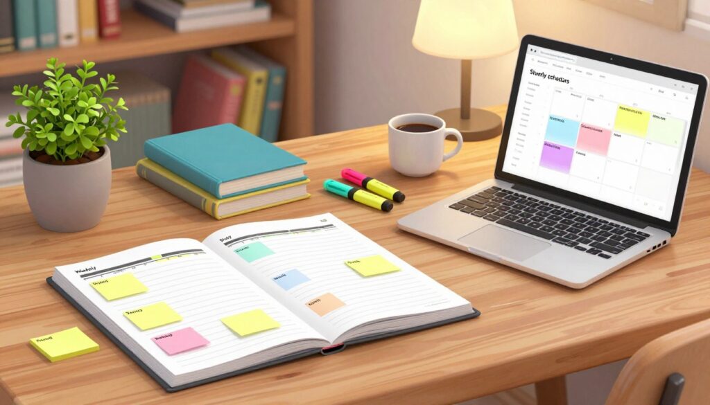 A neatly organized study schedule laid out on a wooden desk, featuring colorful sticky notes, a detailed planner, and a fresh pot of green herbs for a calming atmosphere. In the foreground, a stylish laptop with an open document showing a weekly plan, highlighting dedicated study blocks for various subjects. In the middle, a few essential study materials like textbooks, highlighters, and a cup of coffee, contributing to a productive vibe. The background incorporates a softly lit bookshelf filled with literature and a cozy lamp casting warm light, creating an inviting study environment. The overall mood is focused and serene, aimed at conveying balance and sustainability in studying for multiple tests. A neatly organized study schedule laid out on a wooden desk, featuring colorful sticky notes, a detailed planner, and a fresh pot of green herbs for a calming atmosphere. In the foreground, a stylish laptop with an open document showing a weekly plan, highlighting dedicated study blocks for various subjects. In the middle, a few essential study materials like textbooks, highlighters, and a cup of coffee, contributing to a productive vibe. The background incorporates a softly lit bookshelf filled with literature and a cozy lamp casting warm light, creating an inviting study environment. The overall mood is focused and serene, aimed at conveying balance and sustainability in studying for multiple tests.